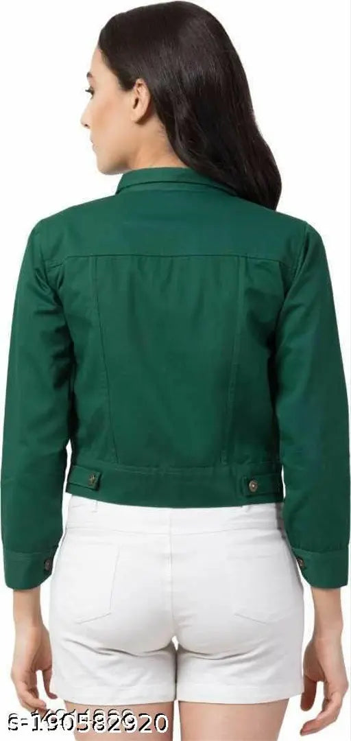 Cotton blend three-quarter sleeve solid jacket for women - trendy woman latest denim jacket from India