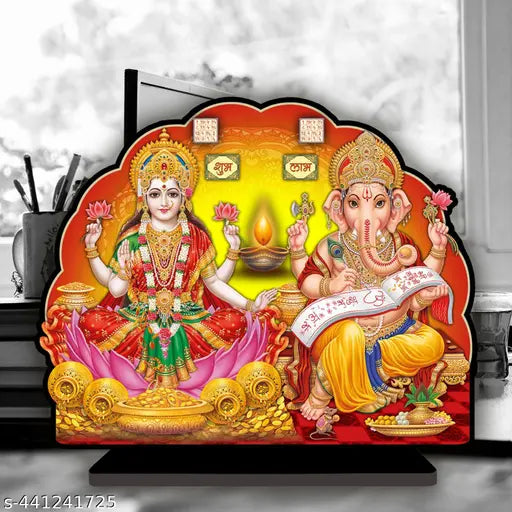Wooden God Laxmi Ganesha idol (15 cm x 15 cm x 3 cm), traditional Indian decor item for home or temple