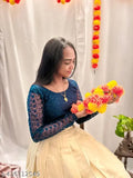 Teal Pattupavada Set, designer embroidered net top with full sleeves and kerla silk jari border skirt, Indian craftsmanship, sizes S-XXXL
