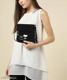 Black purse with shoulder strap and white emblem