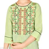Chanderi cotton blend embroidered kurti set with leggings, A-line top pattern, three-quarter sleeves. Indian girls fashion, 4-5 years size 24 inches