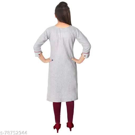 Girls grey cotton blend embroidered kurti & kurtas pack of 1, size 4-16 years, Indian craftsmanship