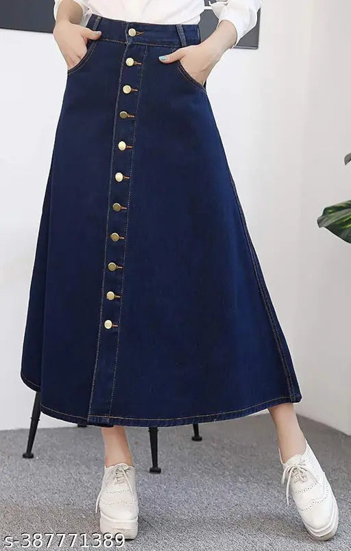Navy Blue Buttoned A-Line Maxi Denim Skirt, lightweight and breathable, home washable, trendy denim maxi skirt for all seasons, fits well for various body types, perfect wear for comfort and ease