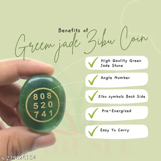 Green jade Zibu symbols coin, attracting wealth, luck, prosperity, natural gemstone for Reiki healing (4.5cm x 1cm x 4cm)