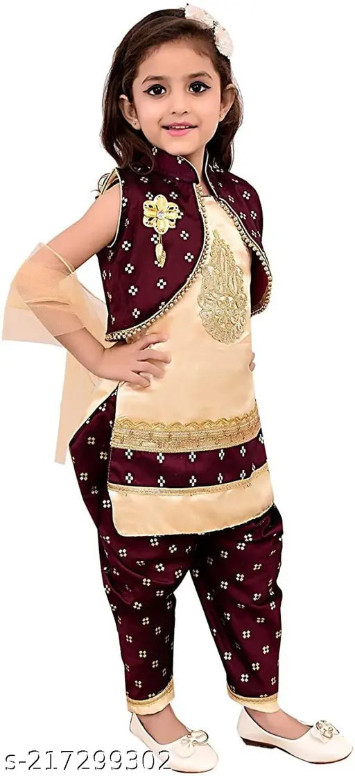 Silk festival dress for girl with Aari work and checked dupatta, semi-stitched, available in various sizes from 1-14 years