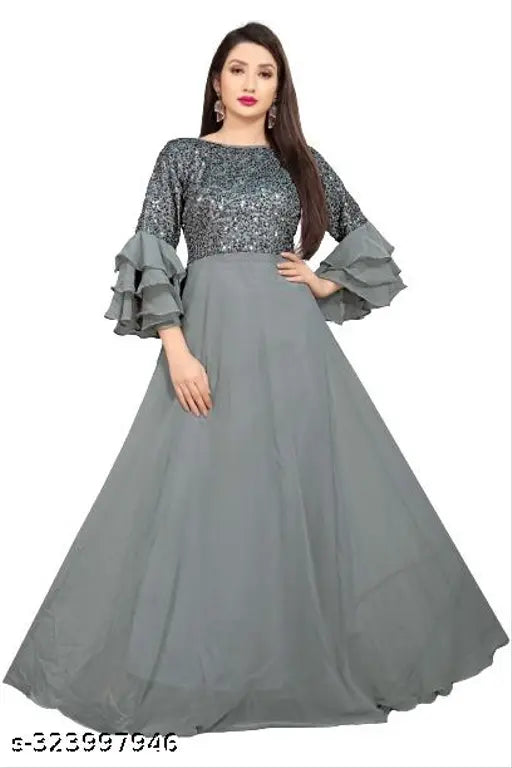 Georgette, three-quarter sleeve, solid Abhisarika Voguish gown - Indian fashion on mannequin
