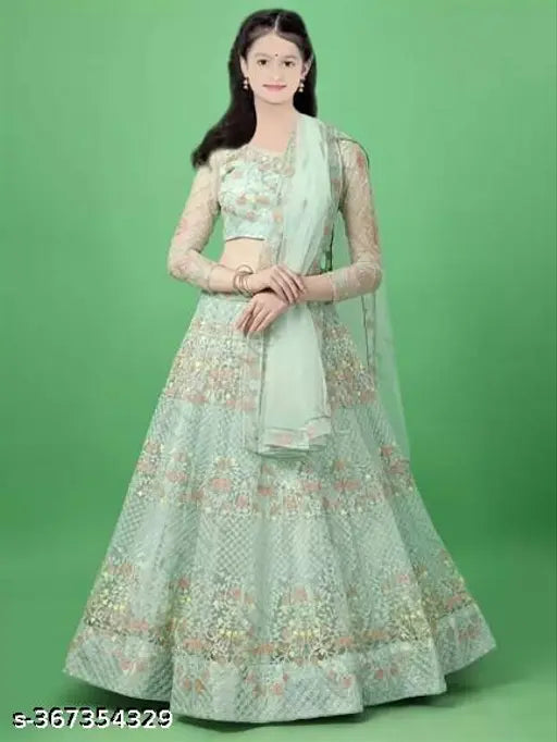 Light green embroidered lehenga choli (Pack of 1) - Indian Western wear for girls aged 9-14 years, semi-stitched net fabric with three-quarter sleeves