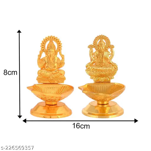 Golden finish Karauli Collection Metal Laxmi Ganesha Idols Diya Oil Lamp, 2 pieces, Indian home puja decor