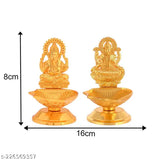 Golden finish Karauli Collection Metal Laxmi Ganesha Idols Diya Oil Lamp, 2 pieces, Indian home puja decor