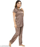 Brown stretchable satin lycra women's/girls sleepwear set, features elastic waist and side pockets, ideal for lounging and sleepwear