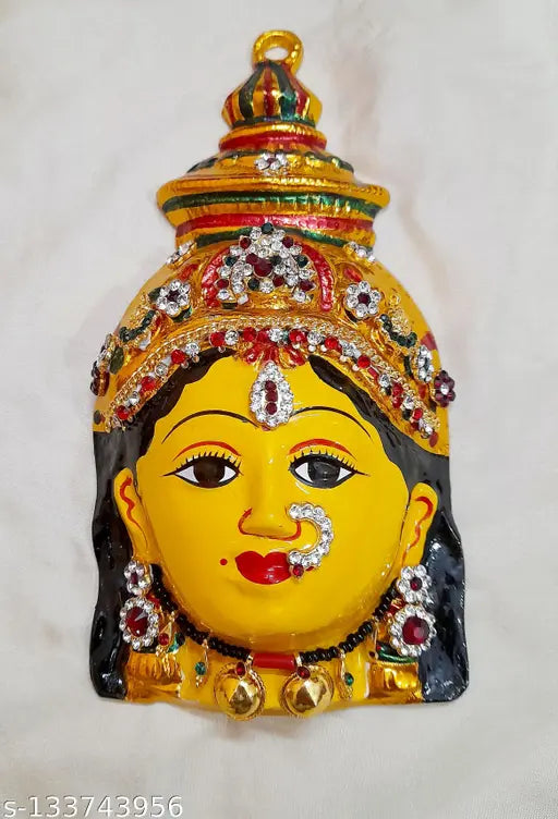 Ceramic God Idol - Rich Elite Yellow Varalakshmi Face with embedded jewellery, fully decorated Vara Lakshmi Amma Face, Indian artifact (10x2x3 inches)