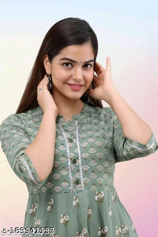 Mint Green Rayon Anarkali Dress, printed combo, three-quarter sleeves, for women, Indian origin