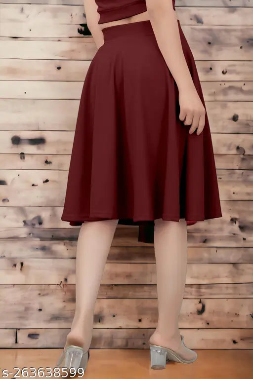 Red cotton midi skirt with pleats and slit on left side