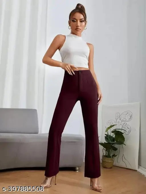 Urban cotton blend parallel trouser pants with bell bottom design for women's regular fit, straight leg
