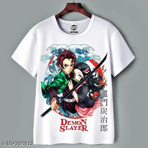 White printed Demon Slayer Round Neck Half Sleeve T-Shirt on unisex model, comfortable polyester fabric for men's & women's regular/casual wear, wash-resistant up to 60 degrees