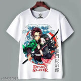 White printed Demon Slayer Round Neck Half Sleeve T-Shirt on unisex model, comfortable polyester fabric for men's & women's regular/casual wear, wash-resistant up to 60 degrees