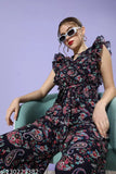 Multicolor floral wide-leg jumpsuit, navy blue polyester with round neck, sleeveless, frills, and tie-up detailing. Made by Miss Chase, India