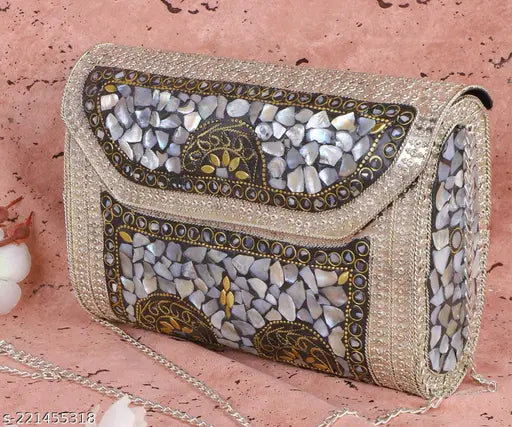 Silver metal purse, glittery embellishments, party bag, sling bag