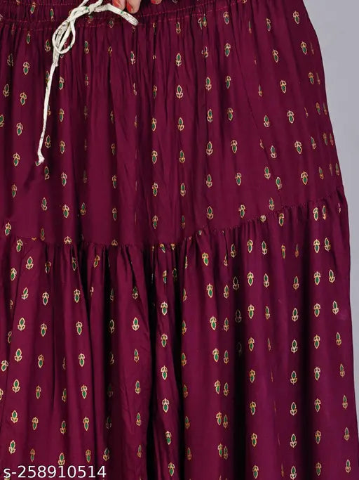 Purple solid skirt with printed pattern, long length