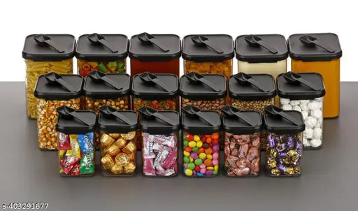 Black set of heavy-quality plastic airtight square containers, with different capacities and containing spoons, for kitchen storage or groceries
