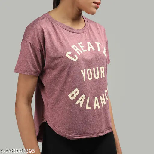Women's round neck dry fit gym T-shirt, 100% polyester elastane, short sleeves, printed design, available in multiple sizes (S-5XL), soft, lightweight, eye-catching colors, Indian origin