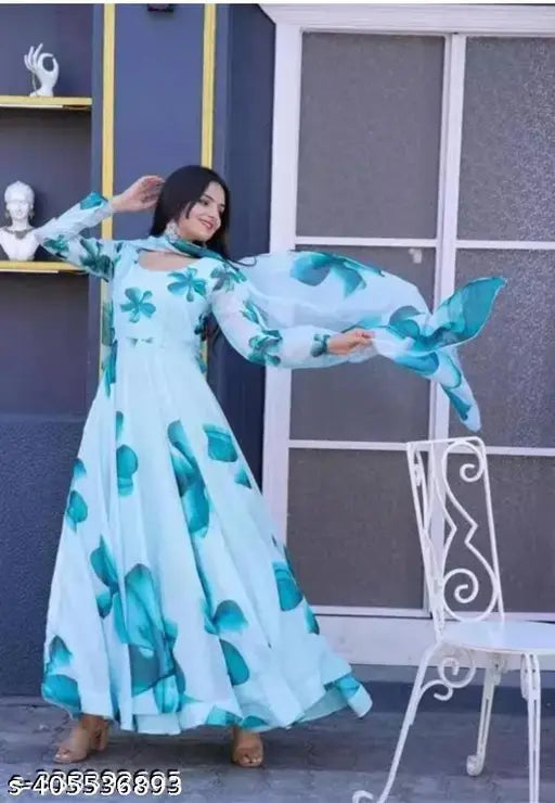 Georgette print long gown with dupatta, no bottom, S-XXXL sizes