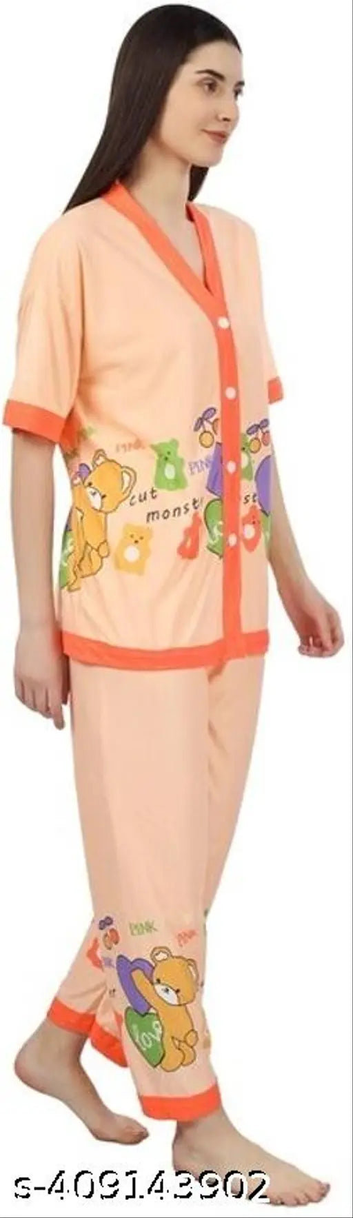 Cotton blend printed night suit set for women, featuring a top and pyjamas in classic design. Perfect for lounge wear, nightwear, or cozy sleep. Made in India