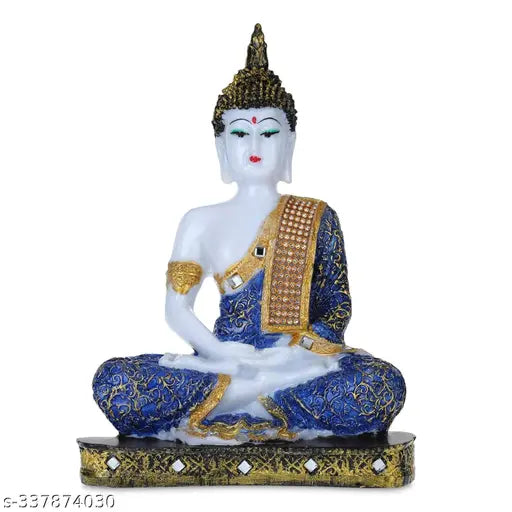 Blue and white polyresin Gautam Buddha idol statute for home living room study room, ideal decorative showpiece for gifting items