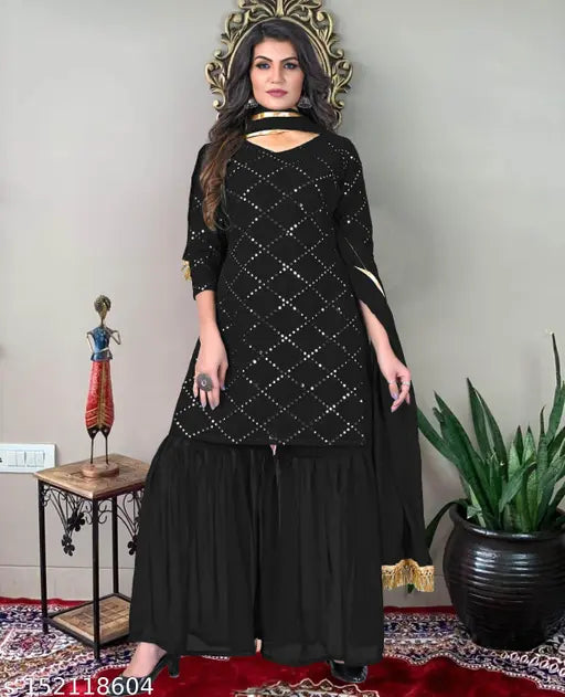 Women's georgette dupatta set, green, full length, embellished, festive, evening wear