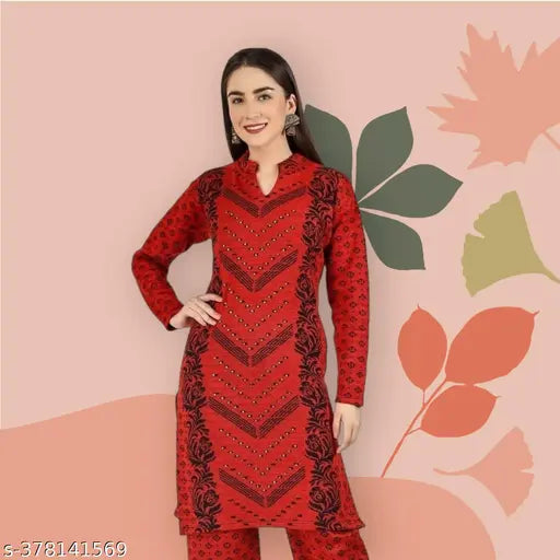 Red woolen women's printed long kameez with a v-neck, matching pants