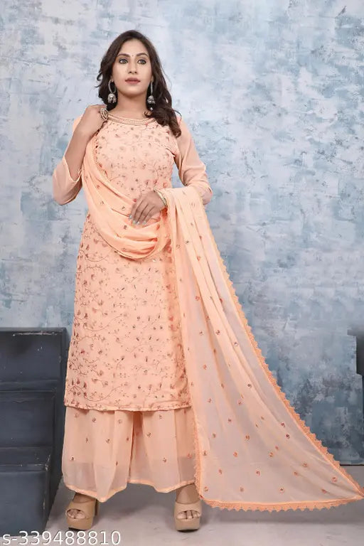 Pale peach georgette embroidered kameez with matching sharara and dupatta, long sleeves, ethnic wear
