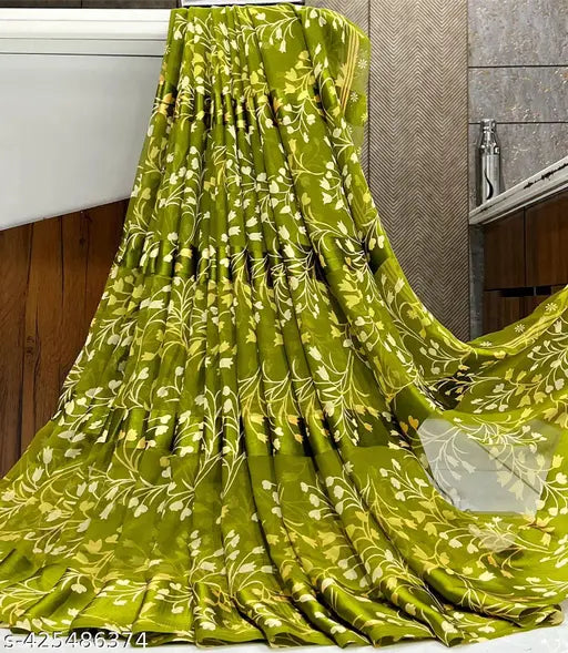 Green georgette sari with floral print, satin fabric