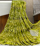 Green georgette sari with floral print, satin fabric