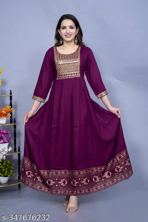 Purple rayon Wine gold yug with zari woven net, cotton cambric dupatta. Indian women's clothing with varied sizes from M to 6XL
