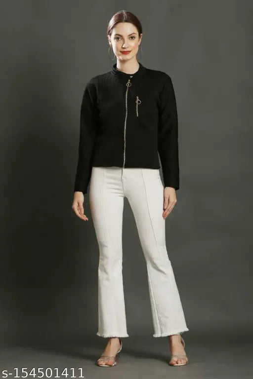 Black feather-blend women's fit-and-flare jacket, long sleeves, solid pattern by Zata Shop for winter wear