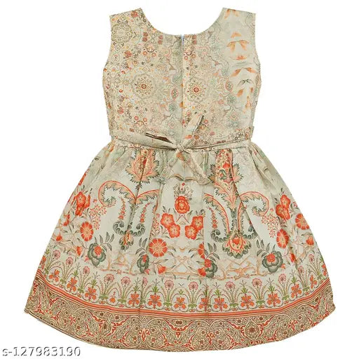 Silver rayon knee-length dress for girls (rna003org), spruce print and sleeveless design for 2-3 years