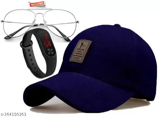 Self design solid cotton Ediko baseball cap combo with clear lens aviator sunglasses and matching LED band for men & boys - Indian style sportswear accessory set