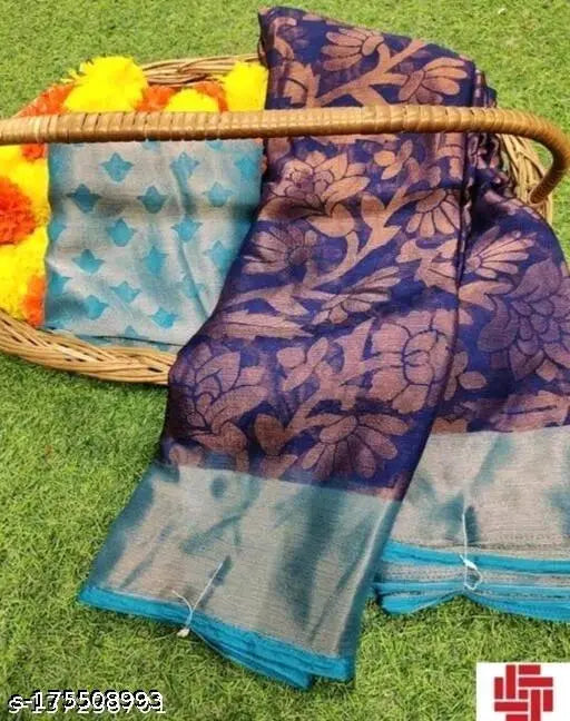 Navy Blue Art Silk Rohini01 saree with Zari woven blouse, viscose Brasso flower print