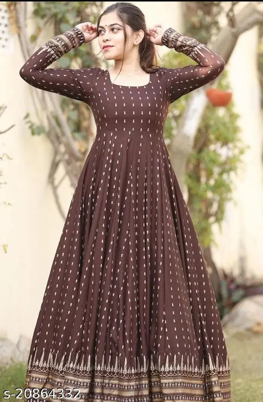 Brown rayon checked long-sleeved kurta gown with tassels and latkan, Indian block print design