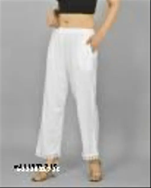 Women's regular fit white cotton trousers, lace detailing