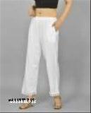 Women's regular fit white cotton trousers, lace detailing