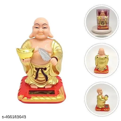 Multicolor plastic Lante Decor Solar Good Luck Buddha with waving fan and magic bowl, ideal for car showpiece or home decoration, 11 cm height