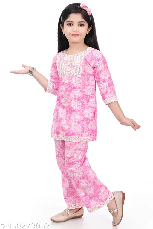Rayon three-quarter sleeve printed kurtis for girls, cute funky design in various sizes from 0-1 to 5-6 years