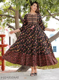 Multi color rayon long-tiered kurti with embroidered yoke and tassels, vibrant printed pattern. Sizes range from S to XXXL, made in India