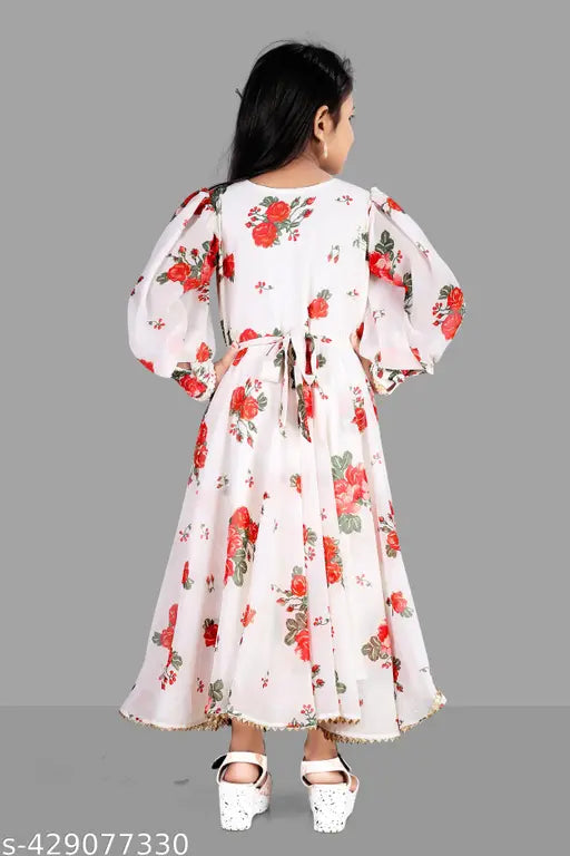 Colorful girls party dress, long-sleeved, patterned, red flowers, elastic waistband, fashionable children's wear