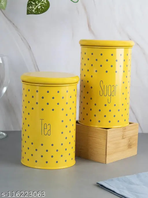 Kitchen storage container set, yellow with black polka dots