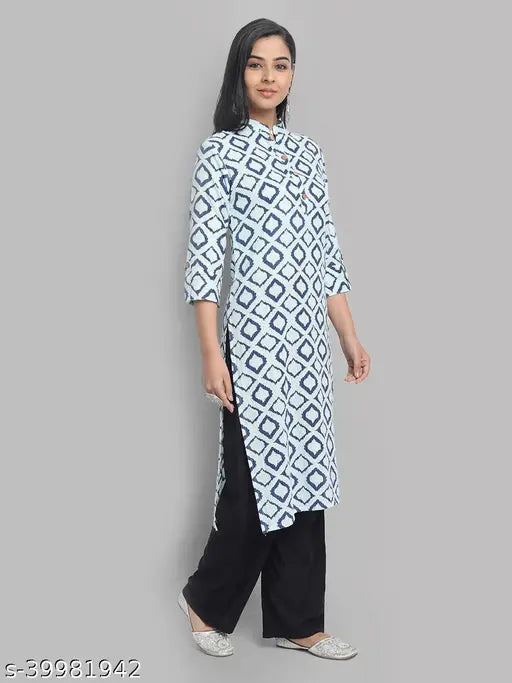 Stylish cotton kurta with rayon palazzo, three-quarter sleeve katha print suit set – L (bust size 40in), India origin