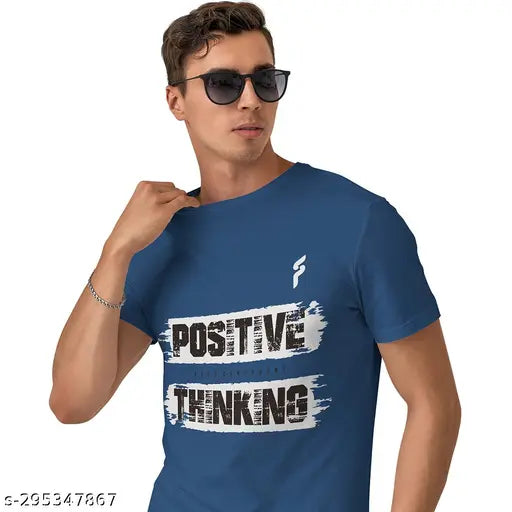 Blue cotton blended men's t-shirt by FABYAY, short sleeves with printed pattern, size N from India