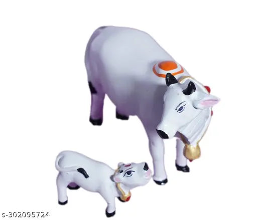 Resin Kamdhenu Cow with Calf (12cm), Indian artisan-crafted religious showpiece for home decor