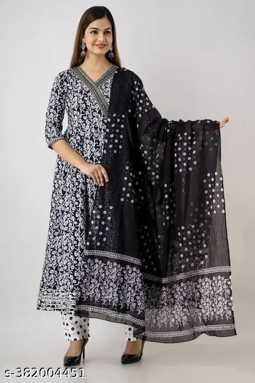 Black premium printed designer Anarkali embroidery women's rayon kurta set with pant and cotton dupatta - Indian ethnic wear with three-quarter sleeves and assorted sizes